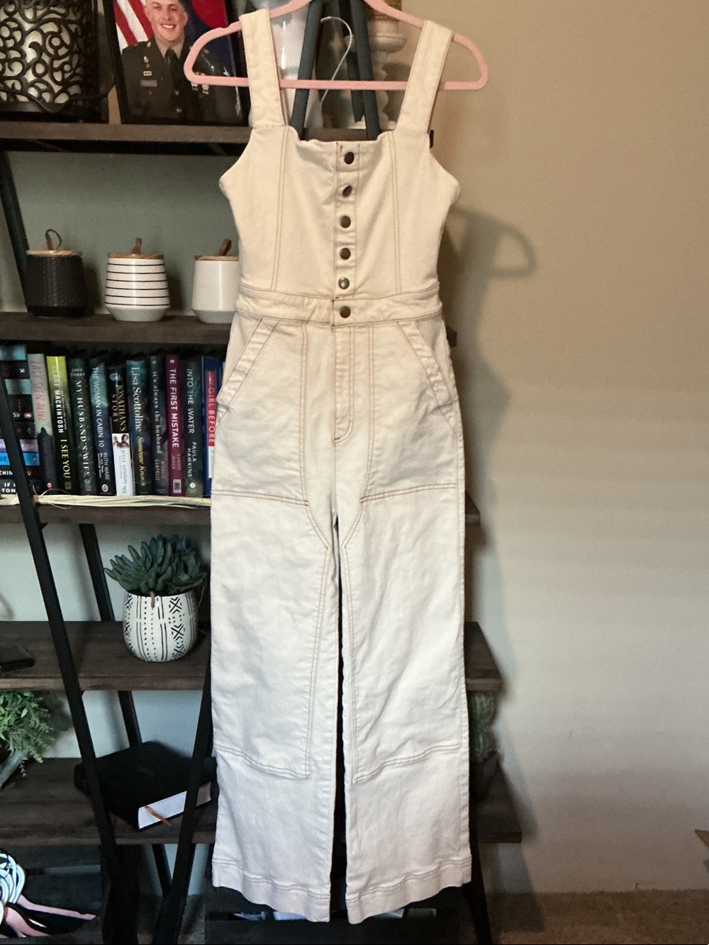 Tecovas Cream Button-Front Wide-Leg Denim Jumpsuit Size XS